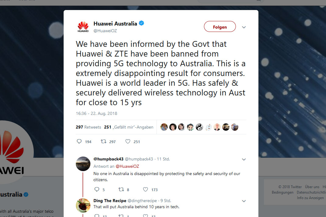 Australien sperrt Huawei als 5G-Netzlieferant aus
