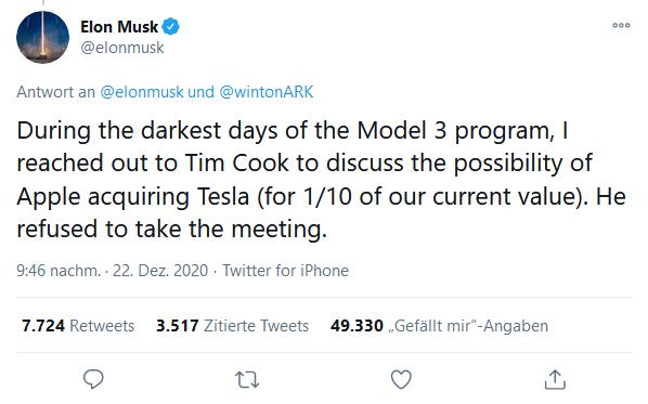 Elon Musk wollte Tesla an Apple verkaufen